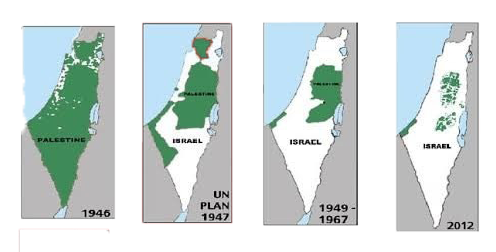 The picture shows the timeline of the illegal occupation of Israel and how much land got stolen of the Palestinians