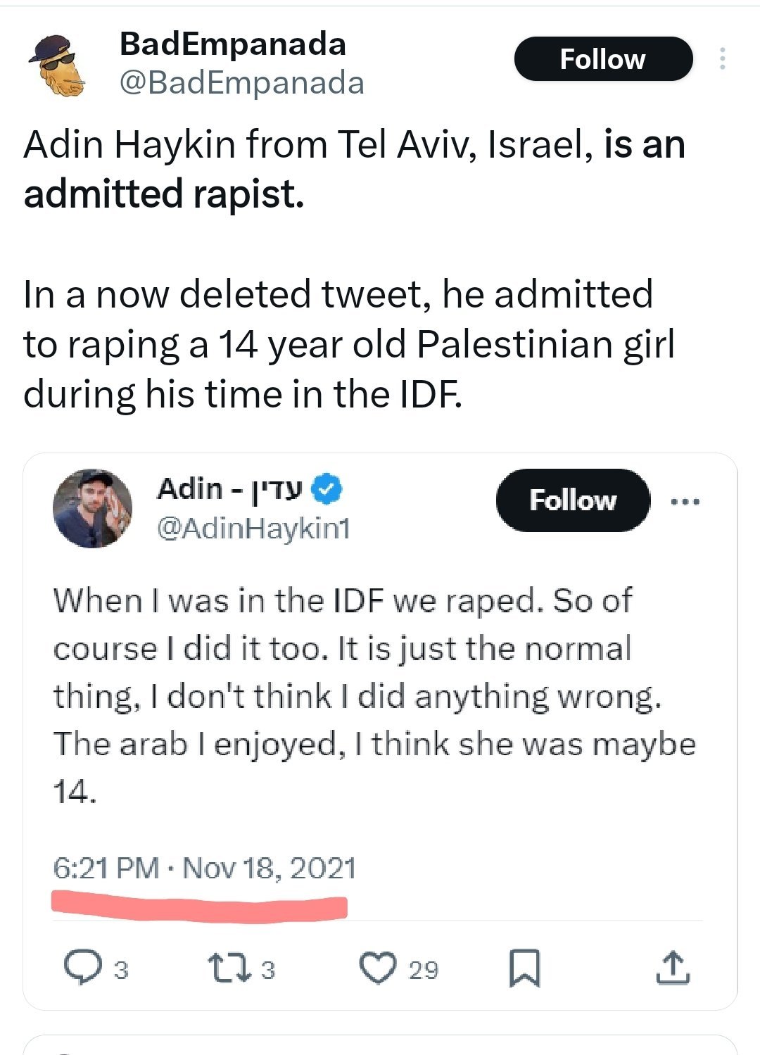 Adin Haykin, an IDF soldier admits that he raped a 14 year old Palestinian girl